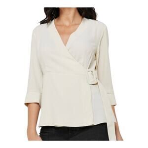 Topshop Cream Wrap Blouse NWT Size 6 Deep V Belted Long Sleeve Top